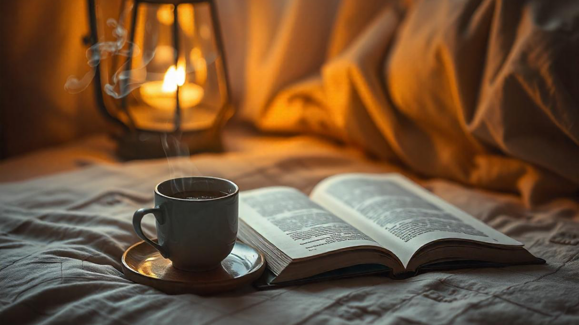 Letto, libro, tre, lampada