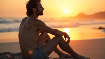 Spiaggia, alba, uomo
